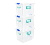 Optimal Products 3 x Storage Boxes With Clip Lock Lids Litre Heavy Duty Clear Stackable Lockable Multipurpose Plastic Storage Box Indoor Outdoor Containers Home,Office,Kitchen,Garage (3 x 75 Litre)