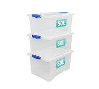 Optimal Products 3 x Storage Boxes With Clip Lock Lids Litre Heavy Duty Clear Stackable Lockable Multipurpose Plastic Storage Box Indoor Outdoor Containers Home,Office,Kitchen,Garage (3 x 50 Litre)