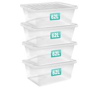 Optimal Products 4 x 62 Litre Storage Boxes With Lids Set of 4, Clear Multipurpose Nestable Stackable Plastic Storage Box With Lid Clear Containers For Home, Kitchen, Garage, Office, Accessories