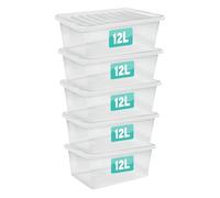 Optimal Products 5 x 12 Litre Clear Plastic Storage Box With Lids UK BRITISH MADE Home Office Stackable Nestable Transparent Plastic Boxes, Size 5,11,24,28,35,45,62 Litre (5 Boxes, 12 Litre)