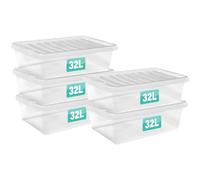 Optimal Products 5 x 32 Litre Underbed Clear Plastic Storage Box With Lids UK BRITISH MADE Home Office Stackable Transparent Plastic Boxes, Size 5,11,24,28,35,45,62 Litre