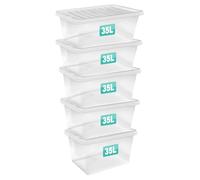 Optimal Products 5 x 35 Litre Clear Plastic Storage Box With Lids UK BRITISH MADE Home Office Stackable Transparent Plastic Boxes, Size 5,11,24,28,35,45,62 Litre