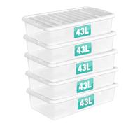 Optimal Products 5 x 43 Litre Underbed Clear Plastic Storage Box With Lids UK BRITISH MADE Home Office Stackable Transparent Plastic Boxes, Size 5,11,24,28,35,45,62 Litre