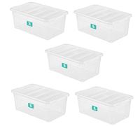 Optimal Products 5 x 5 Litre Clear Plastic Storage Box With Lids UK BRITISH MADE Home Office Stackable Nestable Transparent Plastic Boxes, Size 5,11,24,28,35,45,62 Litre