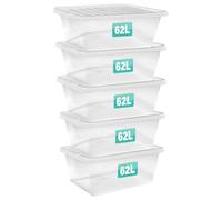 Optimal Products 5 x 62 Litre Clear Plastic Storage Box With Lids UK BRITISH MADE Home Office Stackable Transparent Plastic Boxes, Size 5,11,24,28,35,45,62 Litre