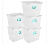 Optimal Products 5 x 80 Litre Clear Plastic Storage Box With Lids UK BRITISH MADE Home Office Stackable Transparent Plastic Boxes, Size 5,11,24,28,35,45,62 Litre