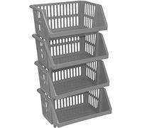 Optimal Products Large 4 Tier Stacking Baskets Storage Veg Rack Plastic Stackers 35 cm Kitchen Fruit Stand Shlef (Grey)
