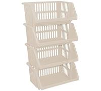 Optimal Products Large 4 Tier Stacking Baskets Storage Veg Rack Plastic Stackers 35 cm Kitchen Fruit Stand Shlef (Cream)