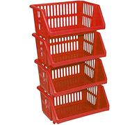 Optimal Products Large 4 Tier Stacking Baskets Storage Veg Rack Plastic Stackers 35 cm Kitchen Fruit Vegetable Stand Shelf (Red)