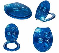 Optimal Products MDF Toilet Seat Novelty Design Stainless Steel Hinges All Printed Loo Seats Soft Close / Slow Close (Dolphin Family Design), 47 x 37.7 cm