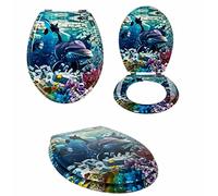 Optimal Products MDF Toilet Seat Novelty Design Stainless Steel Hinges All Printed Loo Seats Soft Close / Slow Close (Dolphin Deep Sea World Design), 47 x 37.7 cm