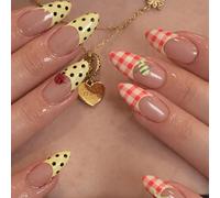 Optimised Artificial Nail Tips For A Whimsical Manicure - Long Almond-Shaped Press On Nails In Black Polka Dot And Red Gingham Check Designs For Women Featuring Ladybug And Bee Accents