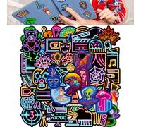 Optimised Neon Retro Vinyl Stickers 100-Pack - Waterproof Decals for Journal Laptop Bottle Skateboard Use By Teens Adults Featuring Vibrant Skull Alien Film Reel Geometric Patterns Teddy Bear