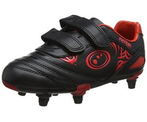 Optimum Boy's Razor 6 Stud Football Boots - Flat Moulded Stud Outsole, Easy Fastening Astro Trainers - PU Leather, Flexible & Comfortable Fit Football Boots - Black Red, 10 UK Child