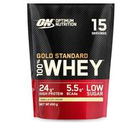 Optimum Nutrition Gold Standard 100% Whey Muscle Building and Recovery Protein Powder With Naturally Occurring Glutamine and BCAA Amino Acids, Vanilla Ice Cream Flavour, 15 Servings, 450 g