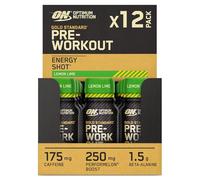 Optimum Nutrition Gold Standard Pre-Workout Energy Shot, Ready to Drink Food Supplement with Beta Alanine, Caffeine, PerforMelon Boost and Vitamin B6 and B12, Lemon Lime Flavour, 12-Pack, 12 x 60 ml