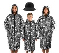 Optimum Oversized Waterproof Jacket & Changing Robe, All-Weather Unisex Sherpa-Fleece Lined Coat with Zip Pockets & Included Bucket Hat for Festivals, Beach Days, Long Dog Walks & More - L, Grey Camo