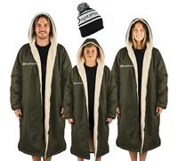 Optimum Oversized Waterproof Jacket & Changing Robe, All-Weather Unisex Sherpa-Fleece Lined Coat with Zip Pockets & Included Bucket Hat for Festivals, Beach Days, Long Dog Walks & More - L, Khaki