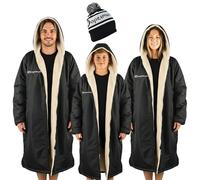 Optimum Oversized Waterproof Jacket & Changing Robe, All-Weather Unisex Sherpa-Fleece Lined Coat with Zip Pockets & Included Bucket Hat for Festivals, Beach Days, Long Dog Walks & More - L, Black
