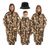 Optimum Oversized Waterproof Jacket & Changing Robe, All-Weather Unisex Sherpa-Fleece Lined Coat with Zip Pockets & Included Bucket Hat for Festivals, Beach Days, Long Dog Walks & More - S, Sand Camo