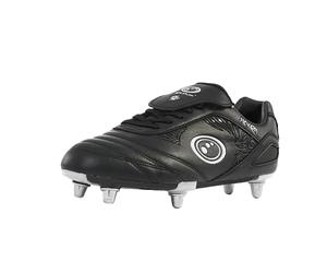 Optimum Razor Kids Rugby Boots, Lightweight 8 Stud Design Crafted for Elite Traction & Power to Drive Through the Scrum, Performance Ready for Soft Ground (SG) Grass Pitches - Black/Silver, Size 1