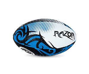 Optimum Razor Rugby Ball - Perfect for Training & Gameplay, Great Flight & Air Retention, Rubber Dimpled Surface for Grip, 2-Ply 410g - Black/Blue,Size Midi