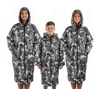 Optimum Sport Oversized Waterproof Jacket & Changing Robe with Bobble Hat - Keeps Adults & Kids Warm, Dry & Comfortable with Sherpa Fleece Lining, Zip Pockets & Wind-Resistant Hood - L, Grey Camo