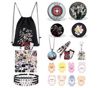 OptiPlay Stray Merch Gifts Set, Kpop Stray Merch Set, Includes 1 SKZ Drawstring Bag, 4 Bracelets, 10 Cartoon Badge, 1 Keychain, 1 ID Card Holder, 2 Phone Ring Holder, 1 Necklace, 50 Stickers