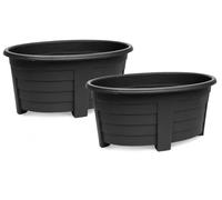 OptiProducts Extra Large 55cm Oval Garden Planter Plastic Trough Plant Pot Raised Outdoor Flower Planter with Drainage for Flowers, Herbs, Vegetables, Patio, Balcony & Garden (Black, 2)
