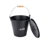 Optiproducts® Metal ASH Bucket with Lid Wooden Grip Metal carry handle Coated Ideal for Fireplace Log Coal COAL Firewood Burner Ash Scuttle Storage with FREE RED LEATHER GLOVES.12L BUCKET BLACK.