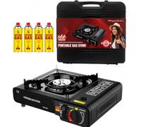 OptiProducts Portable Camping Stove with Carry Case & 4 Butane Gas Canisters - Black Single Burner Gas Cooker, Automatic Piezo Ignition, Adjustable Heat Control, EN417 Compliant, 2100W