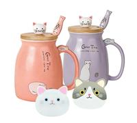 OPTVTAVITA 2 Pack Cat Mugs Cute Ceramic Coffee Cups Set of 2 with Kawaii Bamboo Lid and Spoon Novelty Morning Cup Coffee Milk Tea Mugs - 3D Animal cat Mugs for Cat Lovers Women Gifts (Red and Purple)