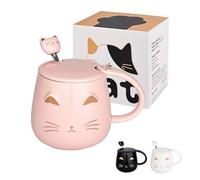 OPTVTAVITA Cute Cat Mug Ceramic Coffee Cup with Kawaii Lid and Lovely Stainless Steel Spoon Novelty Morning Cup Coffee Milk Tea Mugs - 3D Animal Mugs for Cat Lovers Women Gifts (Pink)