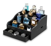 Optyuwah Cologne Perfume Organiser 4-Tier Display Stand, Perfume Display Stand, Cosmetic Organiser with 2 Drawers and Hidden Compartment, Multi-Purpose Wooden Perfume Display Shelf for Figures