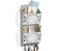 Optyuwah Letter Tray Newspaper Stand Wood with 4 Key Hooks Shabby White Card Holder Post Tray with European Hollow Out Letter Tray Letter Holder and Key Holder Key Hook