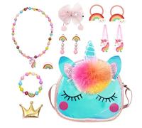 OPUHOHR 12 PCS Unicorn Crossbody Bag Purse and Dress Up Jewelry Set, Unicorn Princess Necklace Bracelet Rings Earrings Handbag Hair Accessories, Toddler Girl Unicorn Jewelry Unicorn Party Favors