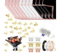 OPUHOHR 205 Pcs Flower Bouquet Wrapping Paper Set, Waterproof Floral Wrapping Paper Florist Supplies with Ribbon Butterfly Decoration Crowns Bouquet Pin Glue for DIY Craft