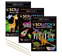 OPUHOHR 3 SET Magic Scratch Paper Art, Colorful Magic Drawing Art Book with 3 Scratch Pen for Birthday Halloween Christmas Party Games Projects Kits （Dinosaurs/Spaceman/Giraffe）