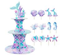 OPUHOHR 3-Tier Mermaid Cupcake Stand, Mermaid Theme Cake Topper, Dessert Tower Holder for Birthday, Baby Shower Party Supplies (XJ-096)