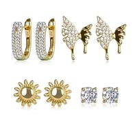 OPUHOHR 4 Pairs 24K Gold Plated Earrings for Women Girls, Lightweight Earrings Hypoallergenic Zirconia Sunflower Butterfly Fashion Earrings Jewelry for Gift