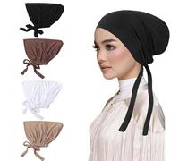 OPUHOHR 4 PCS Women's Hijab Undercaps, Turban Beanie Caps, Inner Underscarf Hats with Tie Back Closure