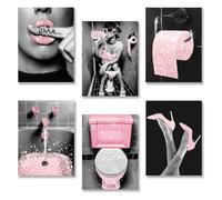 OPUHOHR 6 PCS Pink Canvas Posters Wall Art, 8"x10" Bathroom Decor, Pink Glam Toilet High Heels Tissue Lips Fashion Quotes Bathroom Sign (UNFRAMED)
