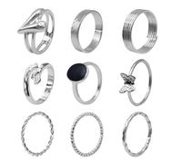 OPUHOHR 9 PCS Silver Stacked rings, Butterfly Heart Dainty Rings, Boho Stackable Finger Rings for Women Girls, Midi Rings Size 10