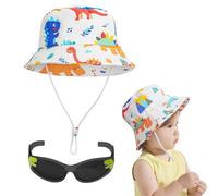 OPUHOHR Baby Sun Hat UPF 50+ Sun Protective Toddler Bucket Hat, Beach Bucket Cap with Dinosaur Sport Sunglasses, Wide Brim Outdoor Play Hat for Boys Girls White