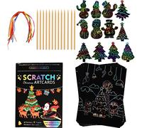 OPUHOHR Christmas Scratch Pictures Set for Children, Christmas Tree Snowman Rainbow Scratch Pictures, Scratch Pictures with Ribbons and Sticks for Children Christmas Birthday Party Gift