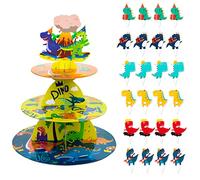 OPUHOHR Dinosaur Cupcake Stand Dinosaur Birthday Party Decorations for Girls Kids, 3Tier Cardboard Cupcake Holder/Tower, Dino Theme Birthday Baby Shower Party Supplies
