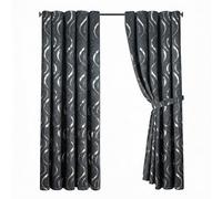 Opulent Dreams Room Darkening Curtains - Thermal Insulated Eyelet w/Tie Backs - Foil Printed Silver Wave Design - Energy Efficient Drapes for Bedroom - Set of 2 (Grey, 90" x 90" (228 x 228 cm))