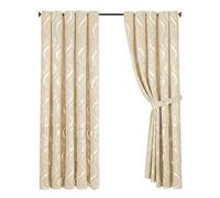 Opulent Dreams Room Darkening Curtains - Thermal Insulated Eyelet w/Tie Backs - Foil Printed Silver Wave Design - Energy Efficient Drapes for Bedroom - Set of 2 (Beige, 46" x 54" (116 x 137 cm))