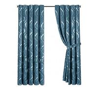 Opulent Dreams Room Darkening Curtains - Thermal Insulated Eyelet w/Tie Backs - Foil Printed Silver Wave Design - Energy Efficient Drapes for Bedroom - Set of 2 (Teal, 66" x 54" (168 x 137 cm))