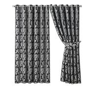 OpulentDreams Jacquard Curtains - Heavy Ring Top Window Curtains for Bedroom & Living Room - Fully Lined - Includes Two Tie Backs - Pair of Panels (Black - Eyelet, 66" x 72" (167 x 183 cm))